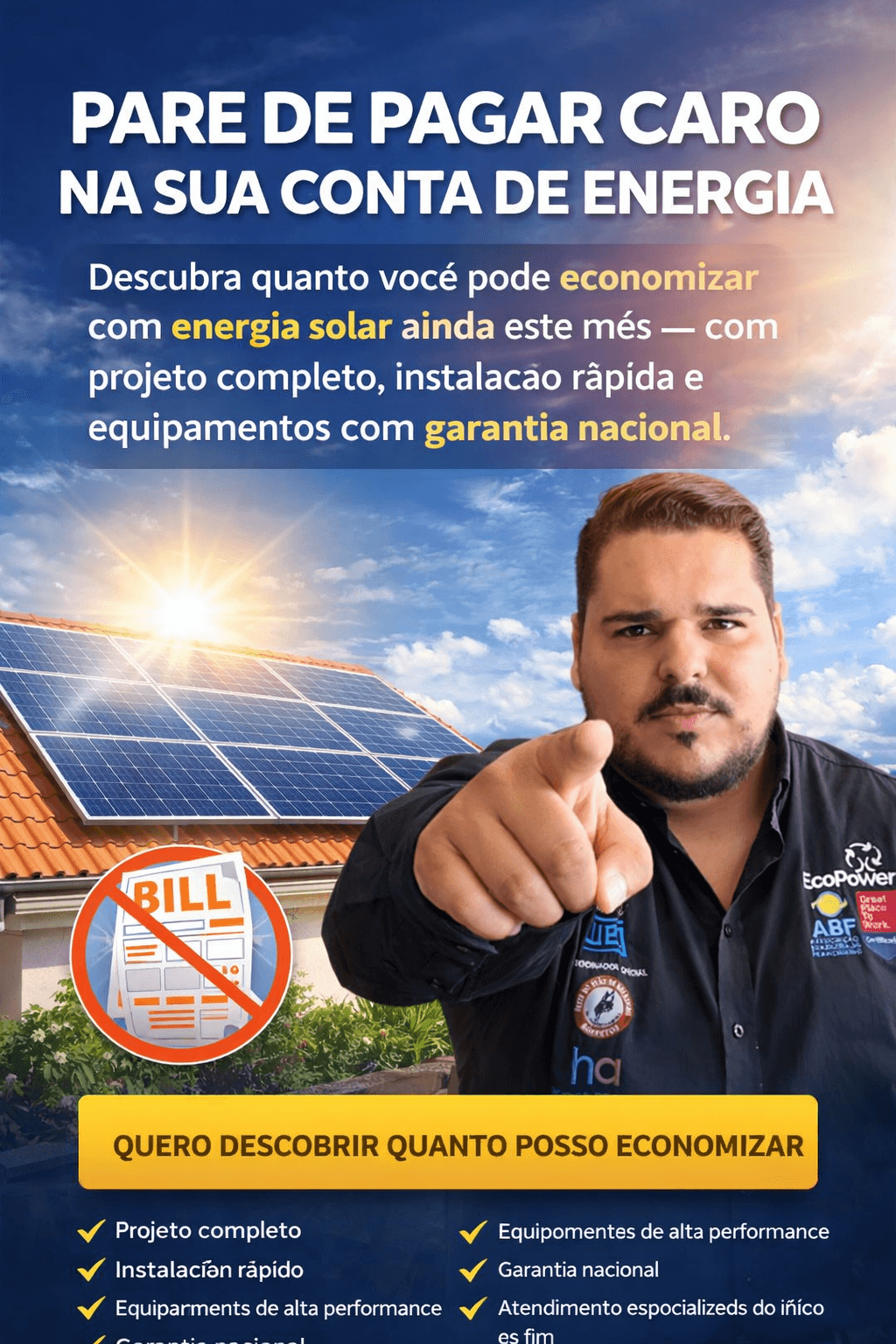 Herick EcoPower apontando para o visitante em frente a um telhado com energia solar